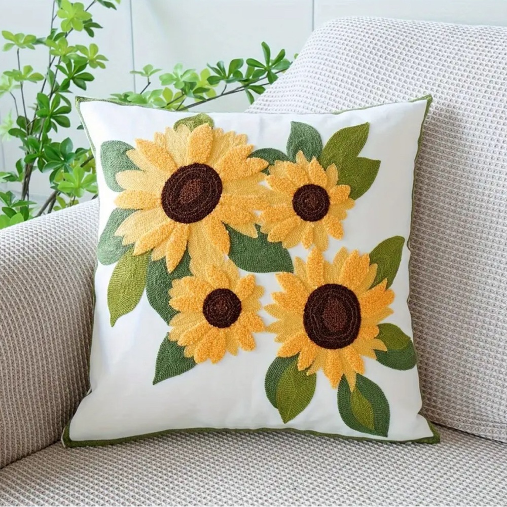 Sunflower Throw Pillow Case Cover Summer Spring Embroidered NEW Floral Cute